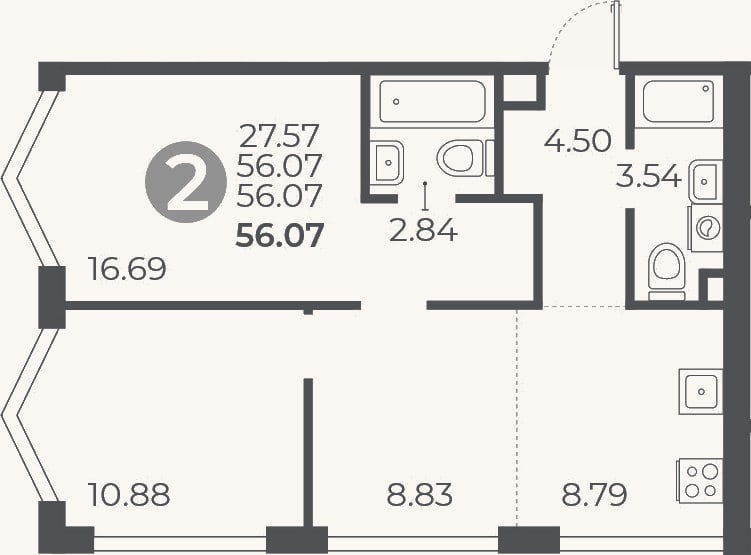 Планировка: 2-к, 56,1 м²