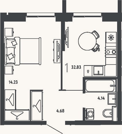 Планировка: 1-к, 32,8 м²