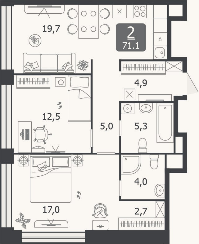 Планировка: 3-к, 71,1 м²
