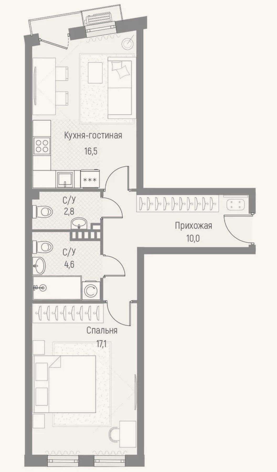 Планировка: 2-к, 51 м²