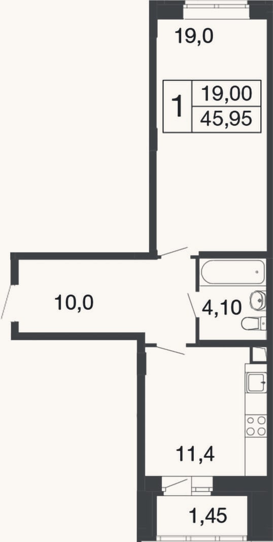 Планировка: 1-к, 44,5 м²