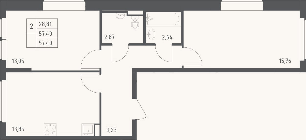 Планировка: 2-к, 57,4 м²