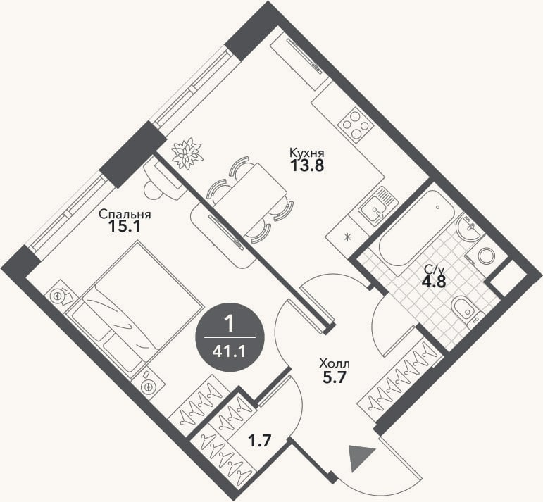 Планировка: 1-к, 41,1 м²