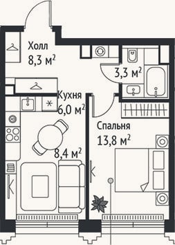Планировка: 2-к, 39,8 м²
