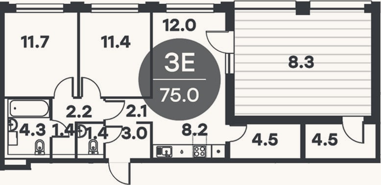 Планировка: 3-к, 73,2 м²