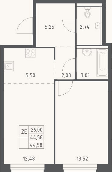 Планировка: 2-к, 44,6 м²