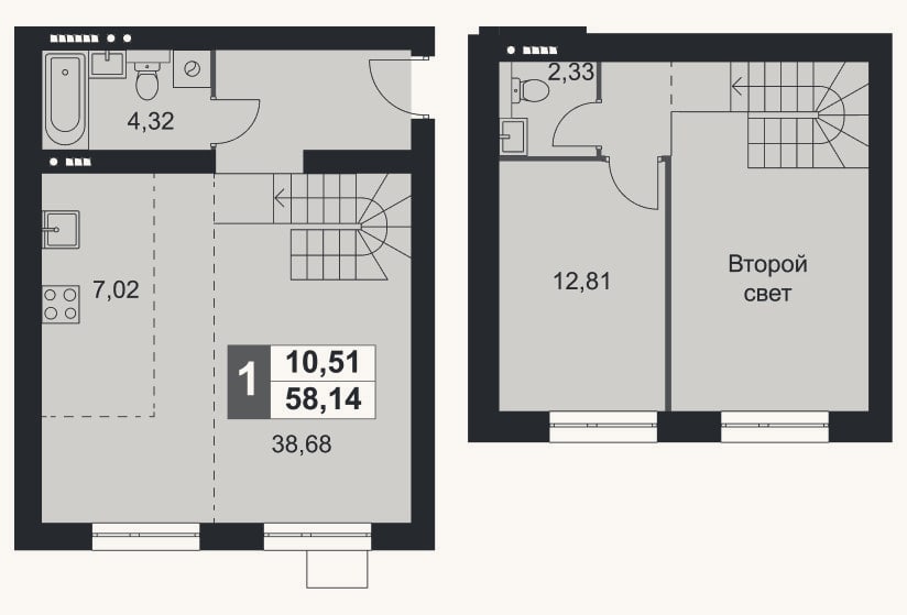 Планировка: 2-к, 58,1 м²
