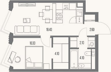 Планировка: 1-к, 41,6 м²