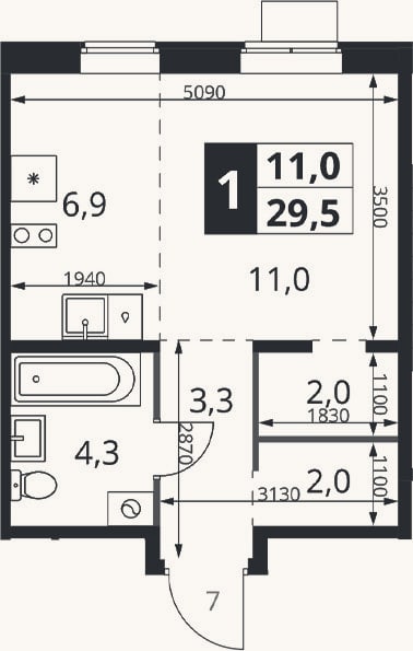 Планировка: Студия, 29,5 м²