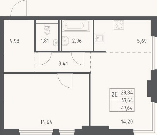 Планировка: 2-к, 47,6 м²
