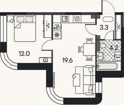 Планировка: 2-к, 39,1 м²