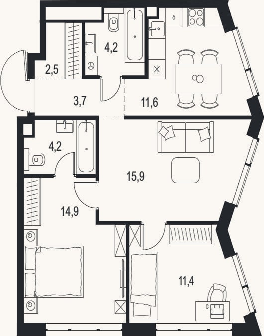 Планировка: 3-к, 68,4 м²