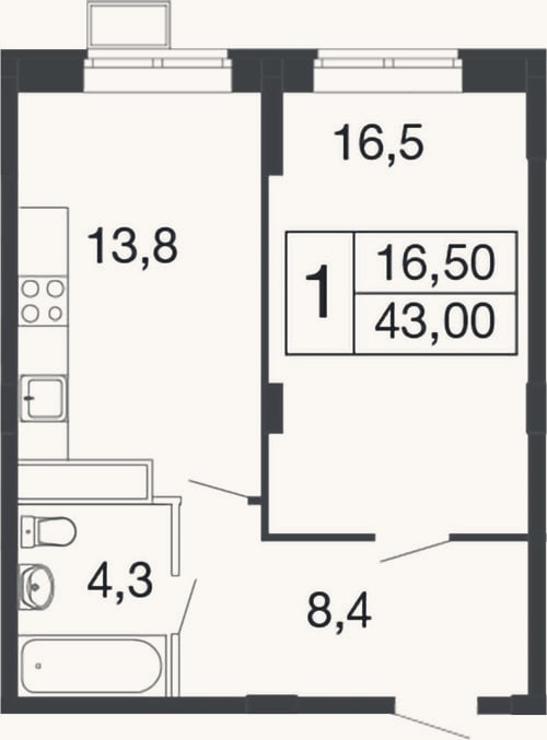 Планировка: 1-к, 43 м²