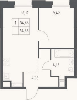 Планировка: 1-к, 34,7 м²