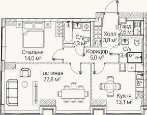 Планировка: 2-к, 69 м²