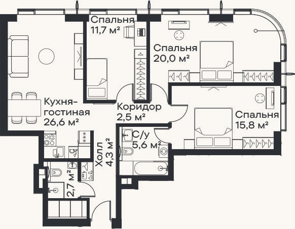 Планировка: 4+ к, 89,2 м²