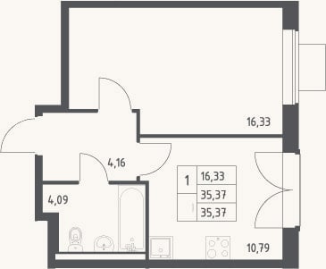 Планировка: 1-к, 35,4 м²