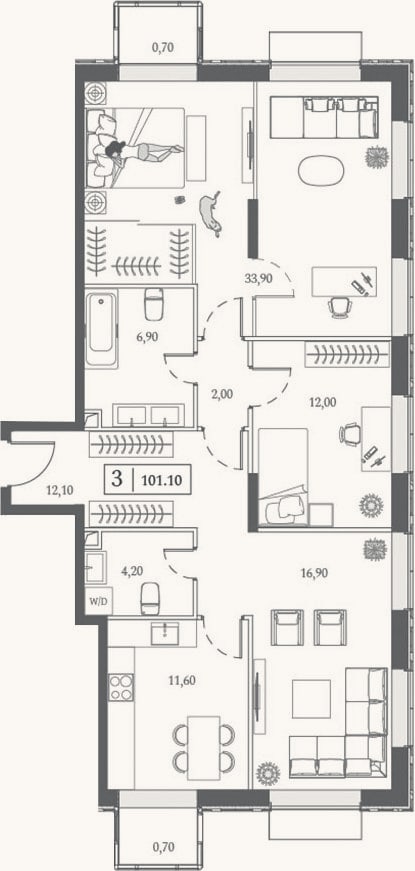 Планировка: 3-к, 99,7 м²
