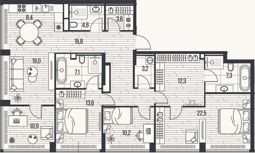 Планировка: 4+ к, 138,5 м²