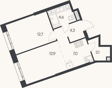 Планировка: 2-к, 44,6 м²