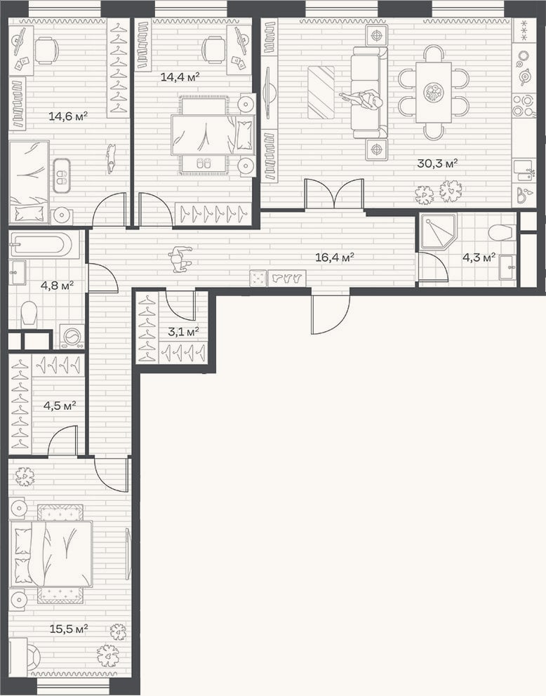 Планировка: 3-к, 107,9 м²