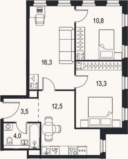 Планировка: 3-к, 60,2 м²