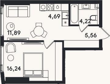 Планировка: 2-к, 42,6 м²