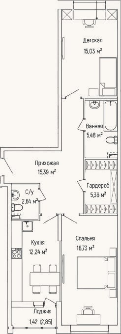 Планировка: 2-к, 74,9 м²