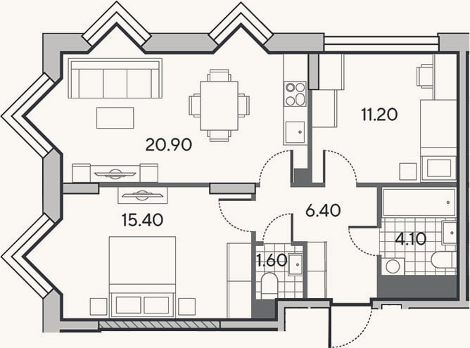 Планировка: 3-к, 59,6 м²