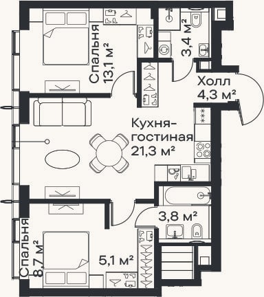 Планировка: 3-к, 59,7 м²