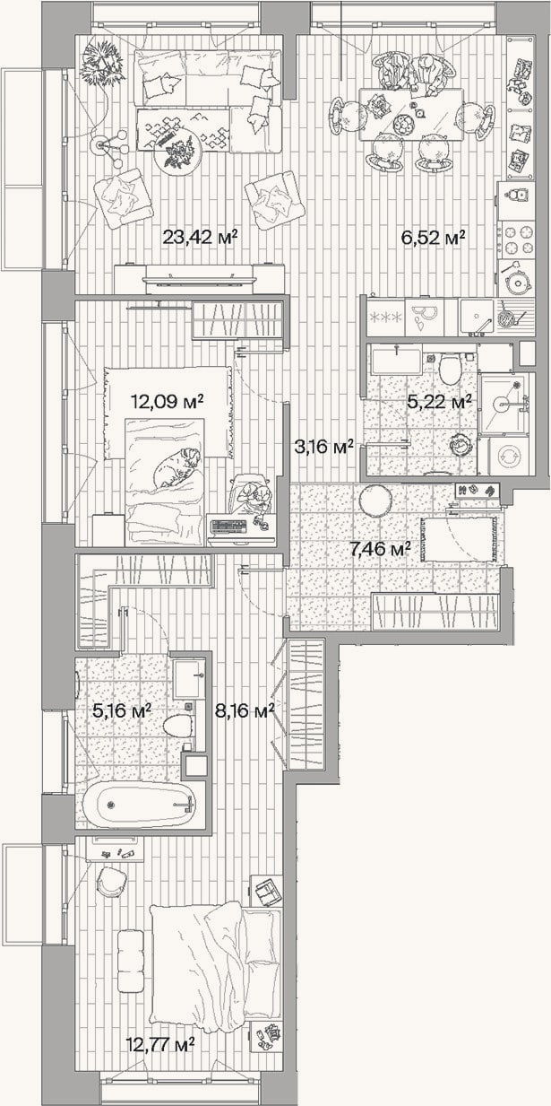 Планировка: 3-к, 84 м²