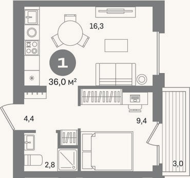 Планировка: 1-к, 33 м²