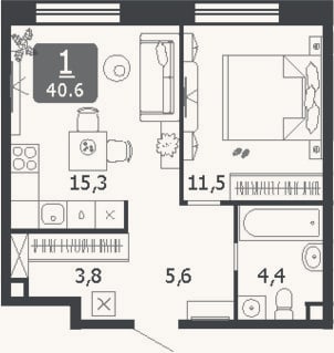 Планировка: 2-к, 40,6 м²