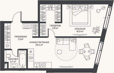 Планировка: 2-к, 51,1 м²