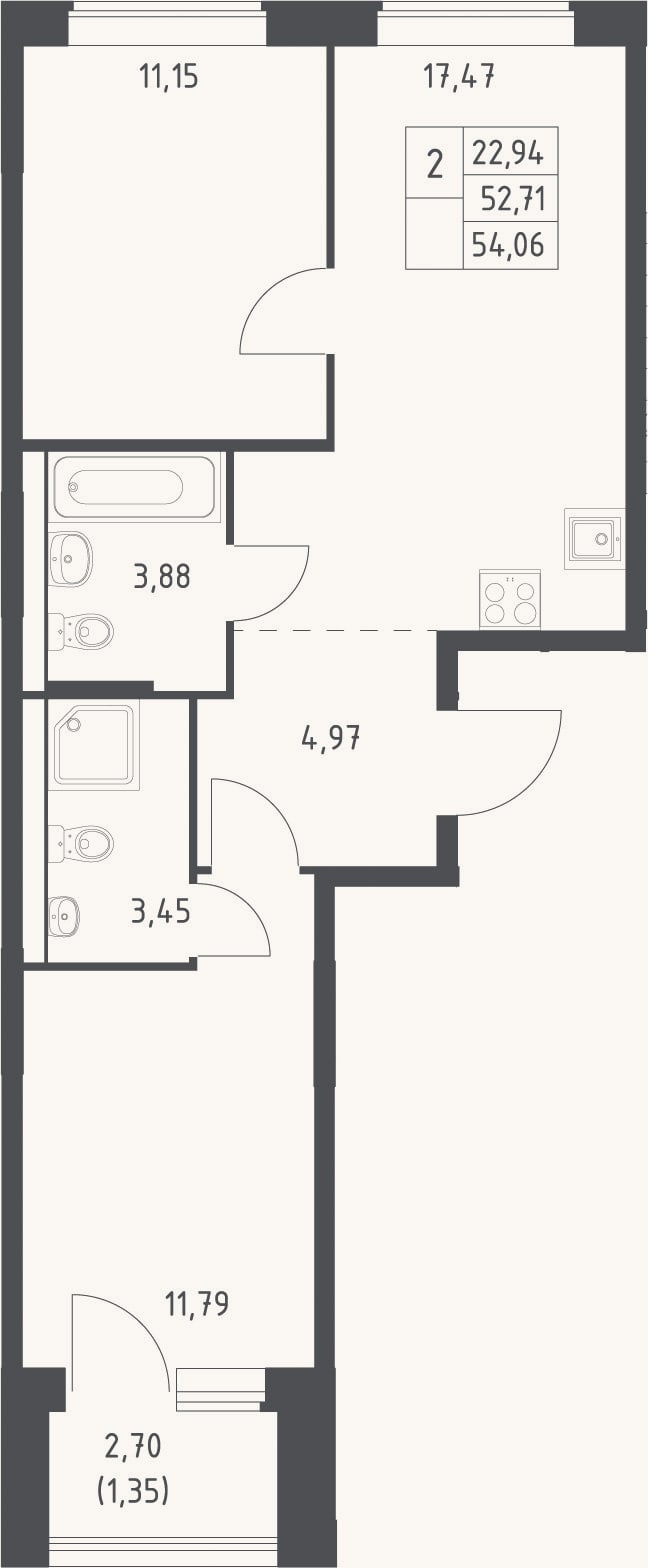 Планировка: 3-к, 52,7 м²