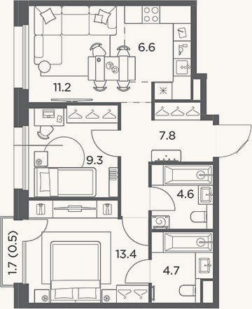 Планировка: 3-к, 57,6 м²