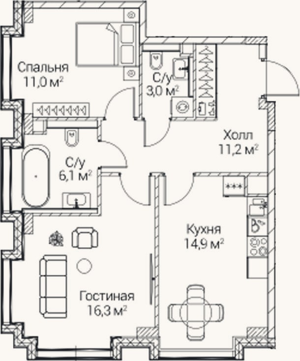 Планировка: 2-к, 62,1 м²