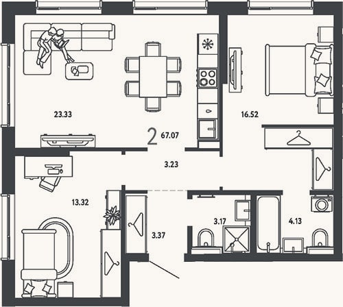 Планировка: 2-к, 67,1 м²