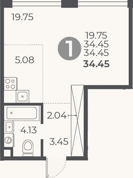 Планировка: Студия, 34,5 м²