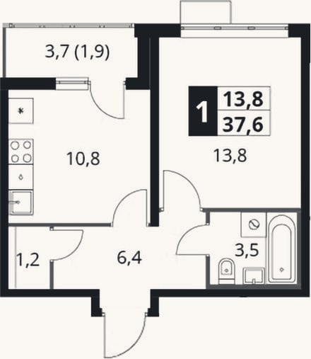 Планировка: 1-к, 35,7 м²
