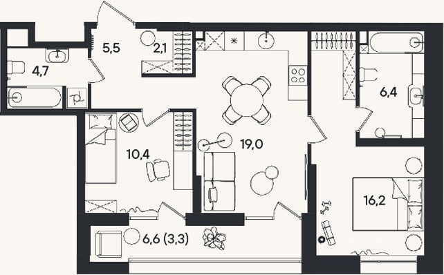 Планировка: 3-к, 64,3 м²