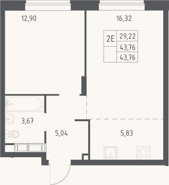 Планировка: 2-к, 43,8 м²