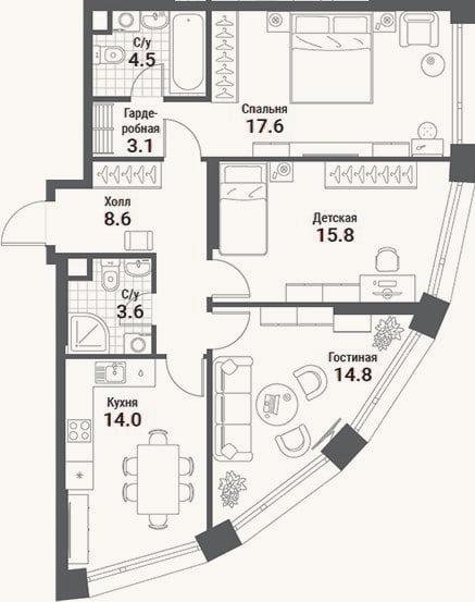Планировка: 3-к, 82,3 м²