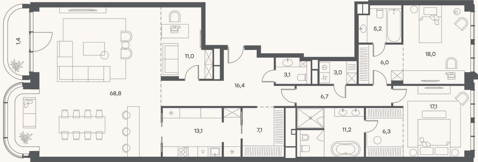 Планировка: 4+ к, 190,8 м²