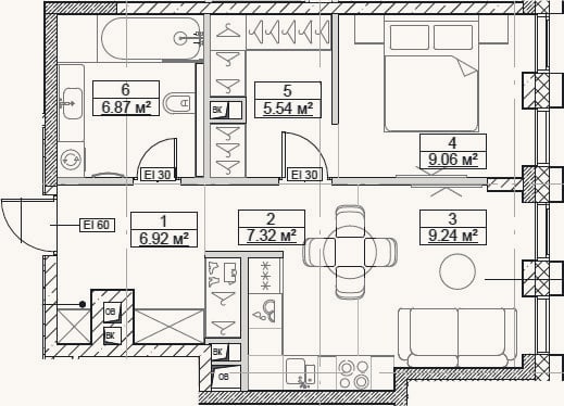 Планировка: 2-к, 45 м²