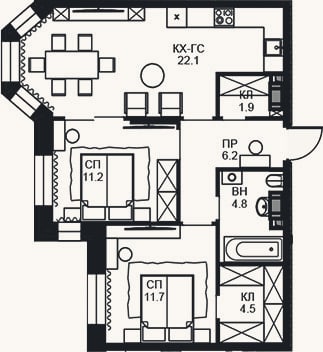 Планировка: 2-к, 62,4 м²
