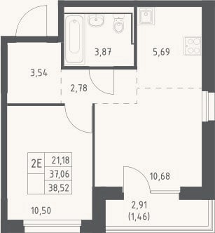 Планировка: 2-к, 37,1 м²