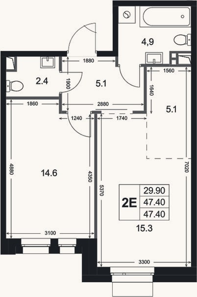 Планировка: 2-к, 47,4 м²