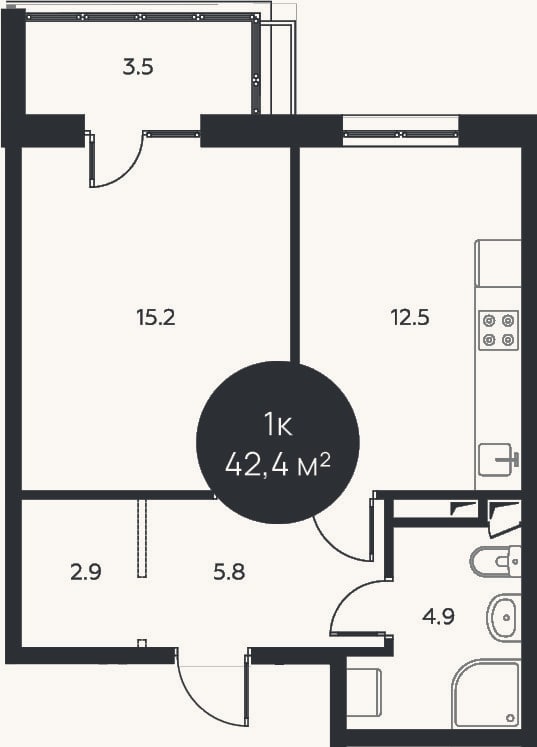 Планировка: 1-к, 41,3 м²