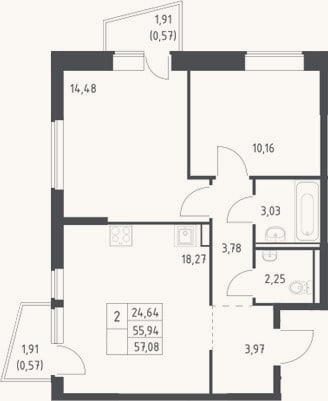 Планировка: 3-к, 55,9 м²